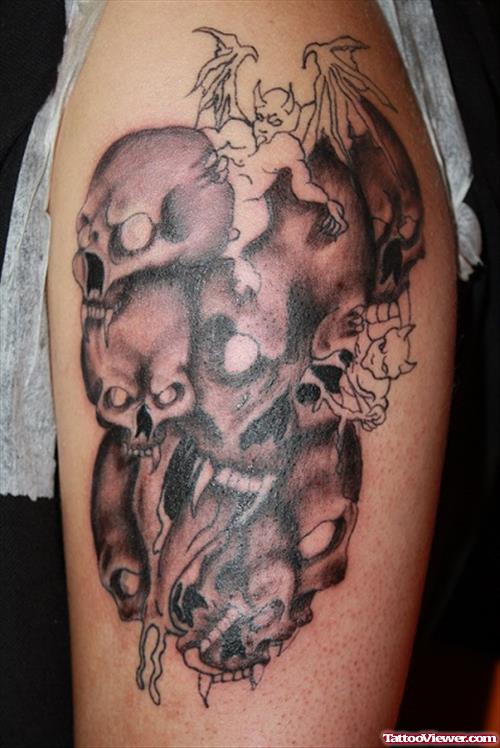 Grey Ink Grim Reaper Skull Tattoos On Sleeve