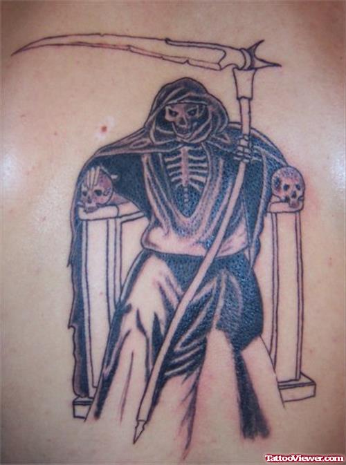 Grey Ink Grim Reaper Skeleton Tattoo