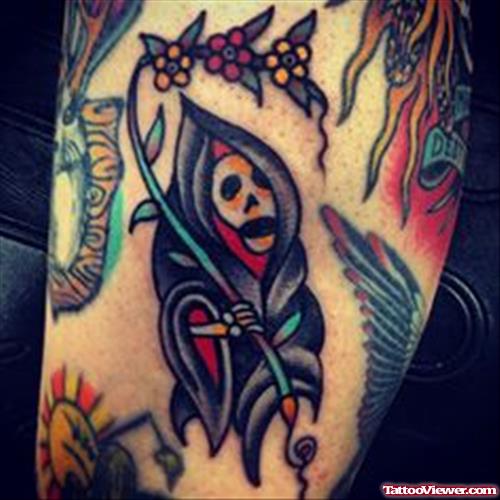 Flowers Grim Reaper Tattoo On Sleeve