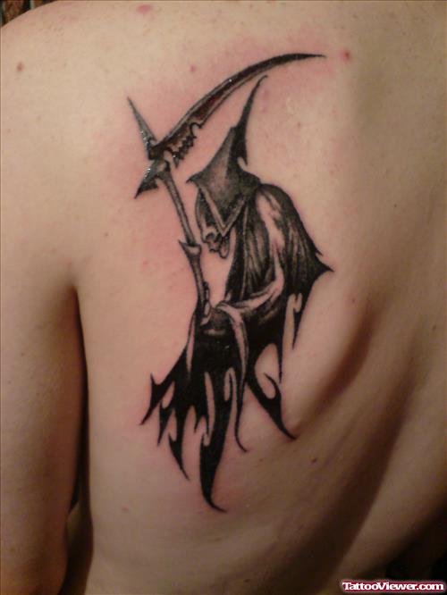 Black Tribal Grim Reaper Tattoo On Back Shoulder