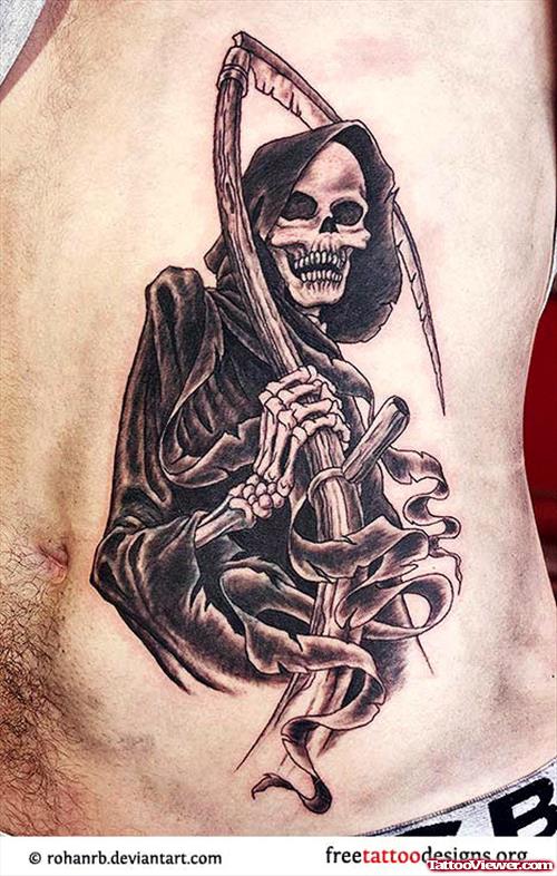 Black Ink Grim Reaper Tattoo On Man Side Rib