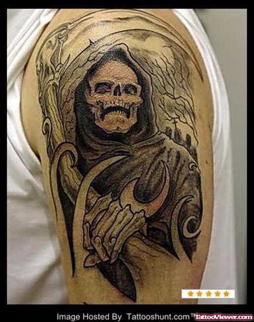 Black Ink Grim Reaper Tattoo On Left Half Sleeve