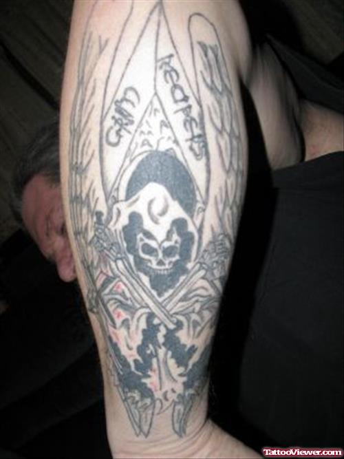 Best Grey Ink Grim Reaper Tattoo On Leg