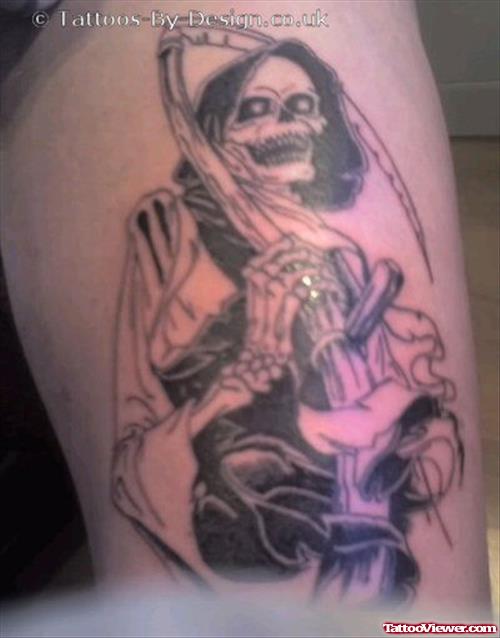 Best Grey Ink Grim Reaper Tattoo On Half Sleeve