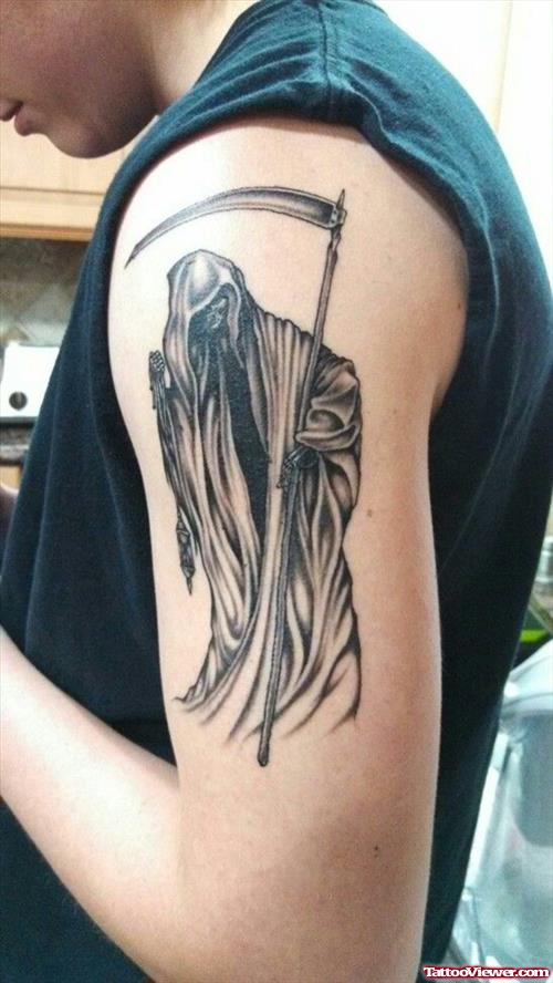 Awful Grey Ink Grim Reaper Tattoo On Left Half Sleeve