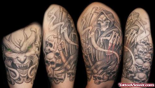 Awesome Grey Ink Grim Reaper Tattoo Designs