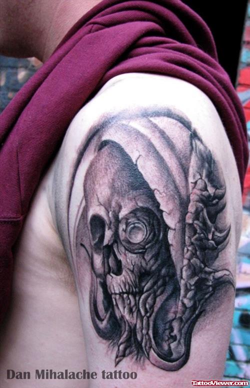 Old School Grey Ink Grim Reaper Tattoo On Left Shoulder