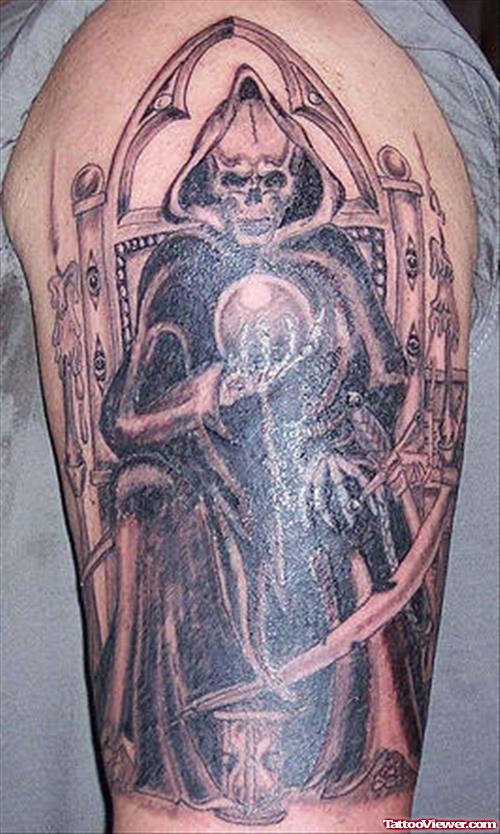 Left Half Sleeve Grey Ink Grim Reaper Tattoo