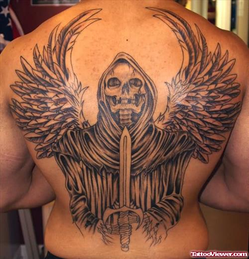 Large Winged Grim Reaper Tattoo On Back