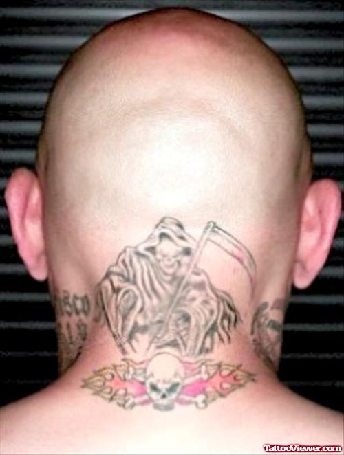 Grim Reaper Tattoo On Back Neck