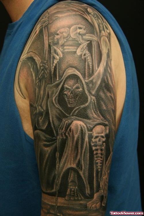 Grey Ink Scary Grim Reaper Tattoo On Left Sleeve