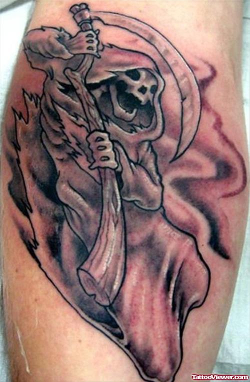 Grey Ink Grim Reaper Tattoo On Muscles
