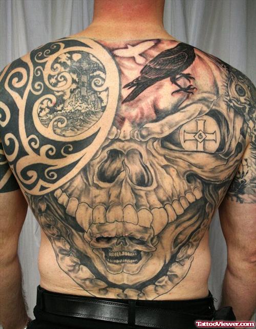 Grey Ink Grim Reaper Tattoo On Man Back Body