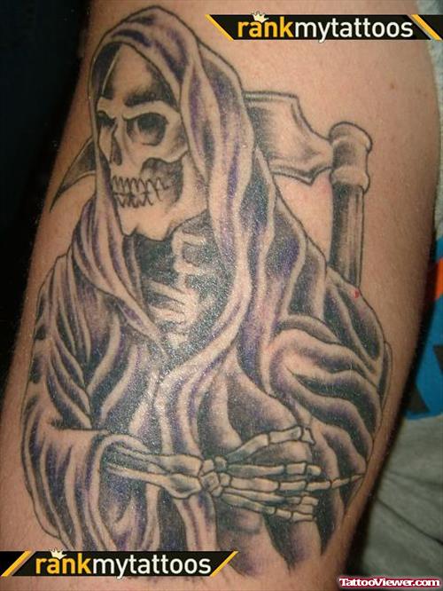 Grey Ink Grim Reaper Tattoo On Biceps