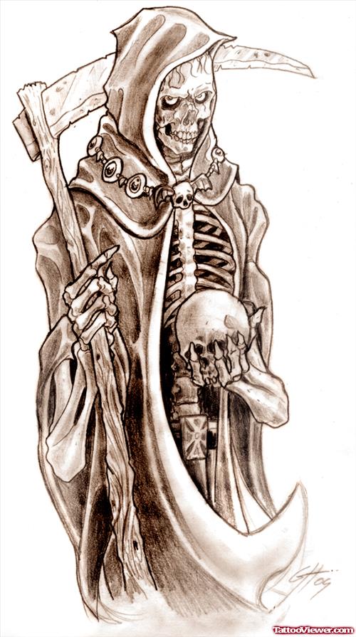 Grey Ink Grim Reaper Skeleton Tattoo Design