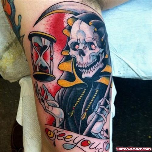 Fantastic Colored Grim Reaper Tattoo On Sleeve