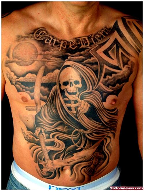 Crazy Grim Reaper Tattoo On Man Chest