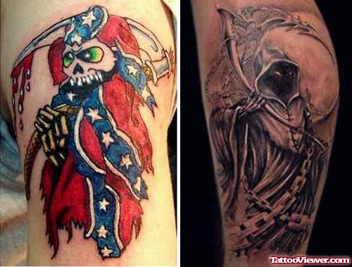 Colored Grim Reaper Tattoo On Half Sleeve