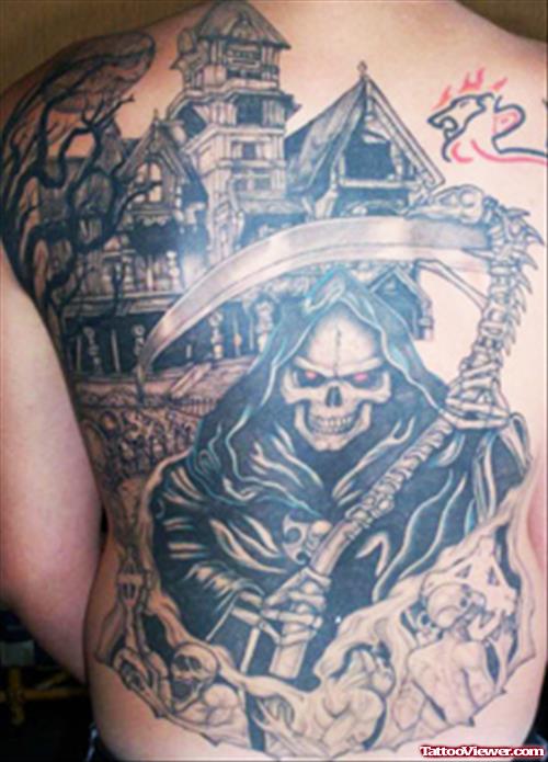 Black Ink Grim Reaper Tattoo On Back Body