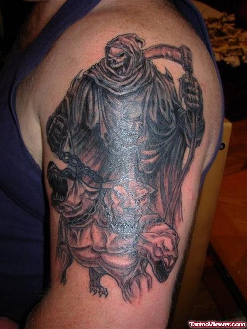 Best Left Half Sleeve Grim Reaper Tattoo