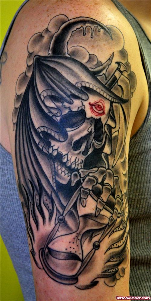Best Grey Ink Grim Reaper Tattoo On Right Half Sleeve