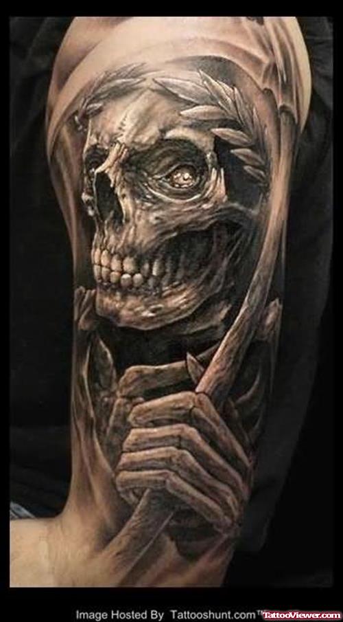 Awesome Grim Reaper Tattoo On Left Half Sleeve