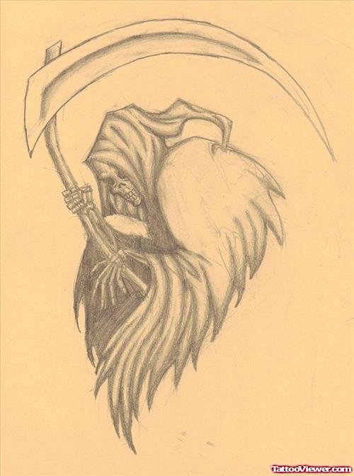 Awesome Grey Ink Grim Reaper Tattoo Design