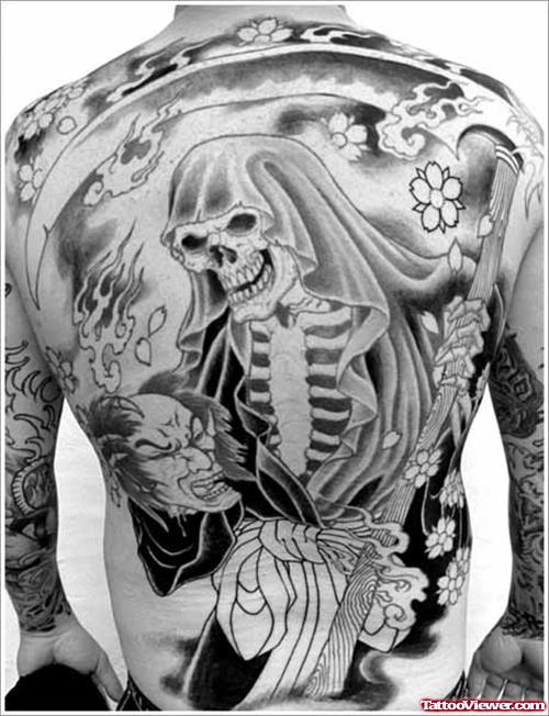 Amazing Grey Ink Grim Reaper Tattoo On Man Back Body