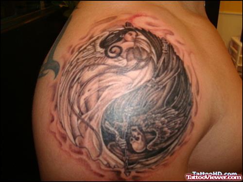 Yin Yang Grim Reaper Tattoo On Shoulder