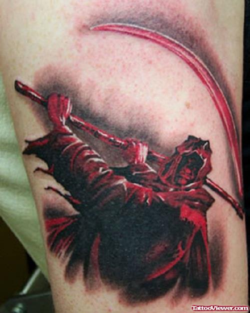 Red Ink Grim Reaper Tattoo On Sleeve