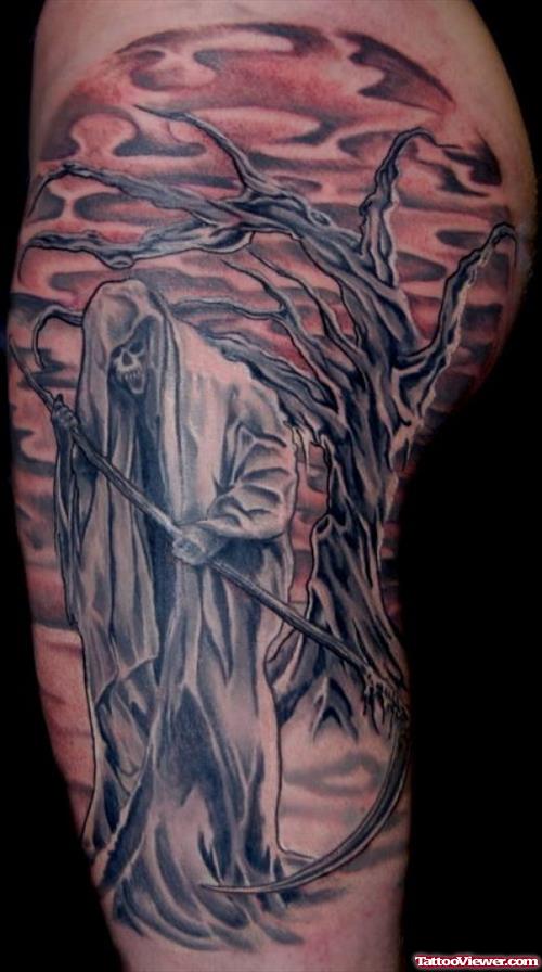 Impressive Grey Ink Grim Reaper Tattoo On Leg