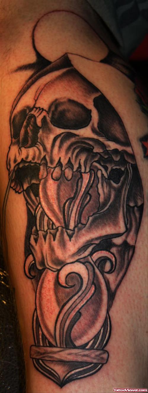 Grey Ink Grim Reaper Tattoo On Left Sleeve