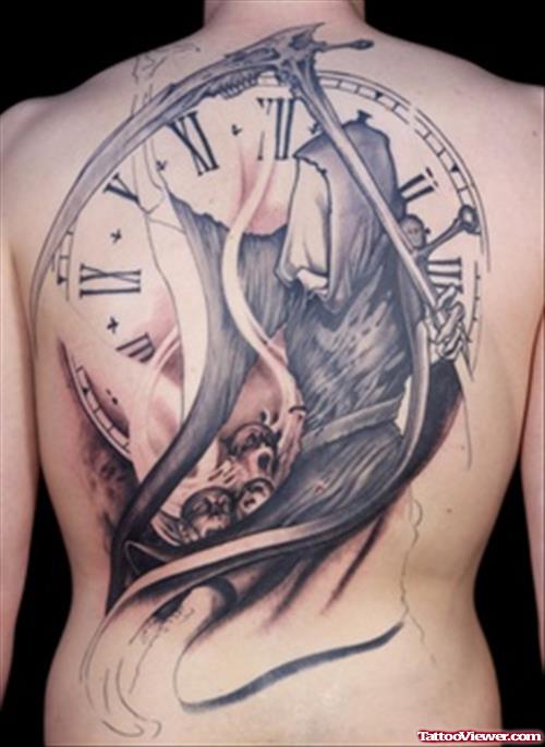 Grey Ink Grim Reaper Tattoo On Back