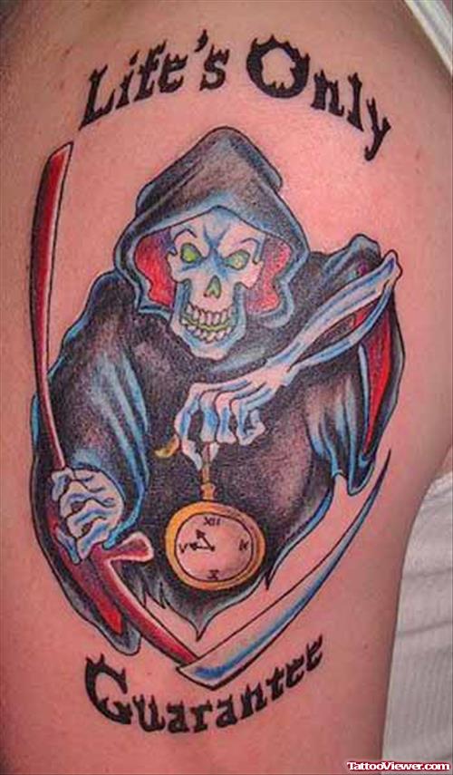 Colored Grim Reaper Tattoo On Left Shoulder