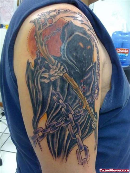Color Grim Reaper Tattoo On Right Half Sleeve