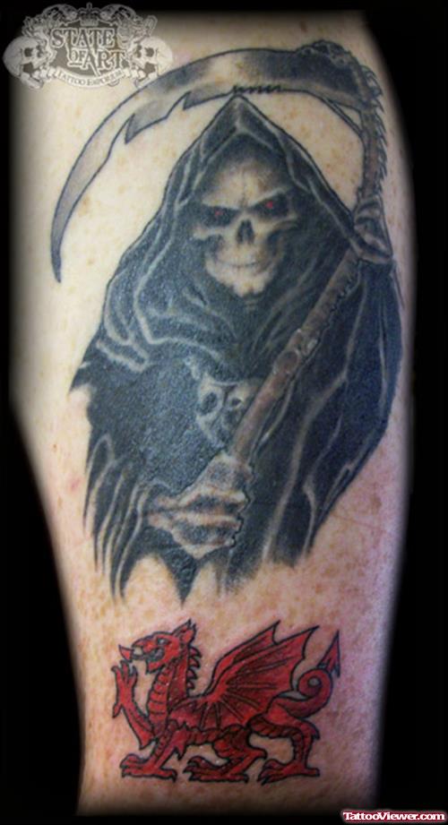 Classic Grey Ink Grim Reaper Tattoo Design