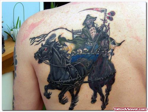Black Ink Grim Reaper Tattoo On Back Shoulder