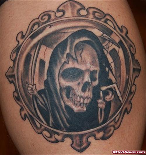 Black Ink Grim Reaper Head Tattoo