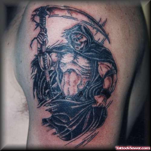 Best Grey Ink Grim Reaper Tattoo On Left Shoulder