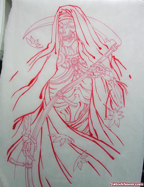 Beautiful Red Ink Grim Reaper Tattoo Design