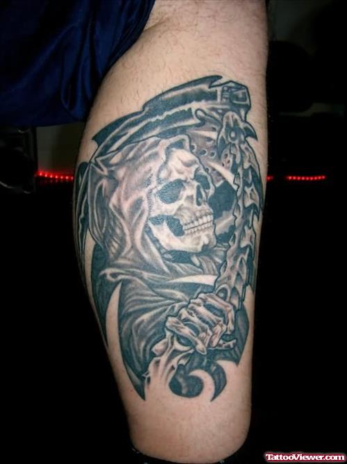 Awesome Grey Ink Grim Reaper Tattoo On Right Leg