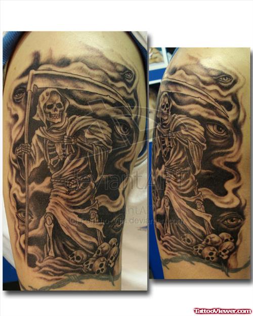 Awesome Grey Ink Grim Reaper Tattoo On Right Half Sleeve