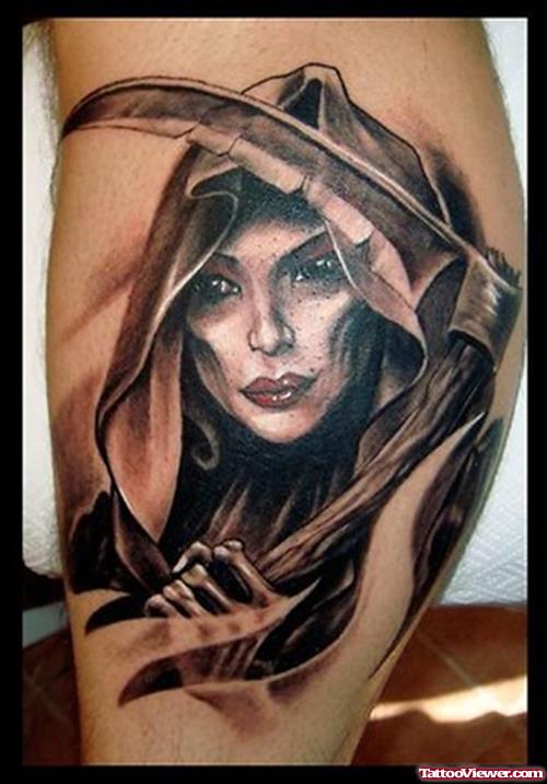 Awesome Grey Ink Grim Reaper Girl Head Tattoo