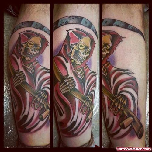 Awesome Colored Grim Reaper Tattoo On Sleeve