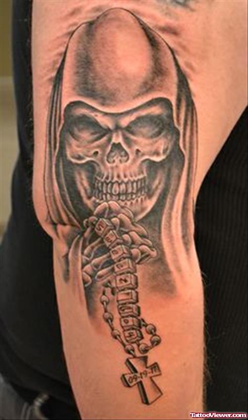 Amazing Grey Ink Grim Reaper Tattoo On Right Sleeve