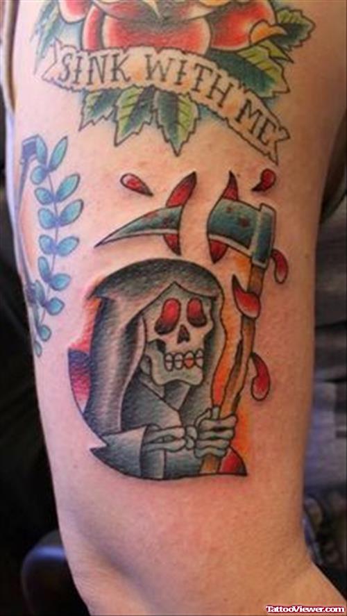 Amazing Colored Grim Reaper Tattoo On Right Half Sleeve