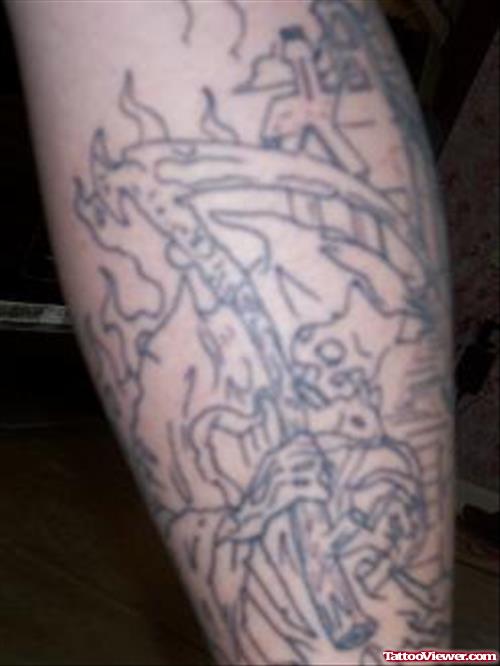 Inspiring Grey Ink Grim Reaper Tattoo On Arm