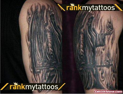 Inspiring Black Ink Grim Reaper Tattoo On Sleeve