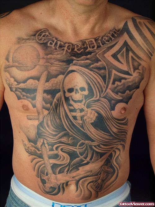 Grey Ink Grim Reaper Tattoo On Man Chest