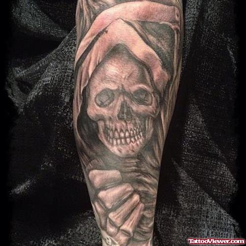 Grey Ink Grim Reaper Skull Tattoo On Sleeve